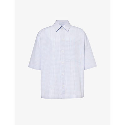 Bottega Veneta Mens Pale Blue Burgundy Check-pattern Logo-embroidered Cotton And Linen-blend Shirt
