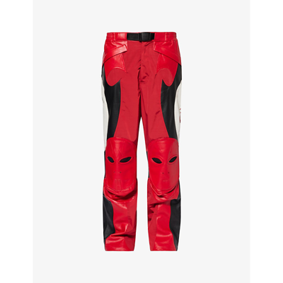 Kusikohc Mens Red Rider Contrast-panel Straight-leg Leather Trousers