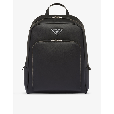Prada Mens Black Logo-plaque Saffiano-leather Backpack