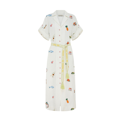 Alemais X Alan Berry Rhys Blue Marlin Embroidered Shirtdress With Belt In Cream