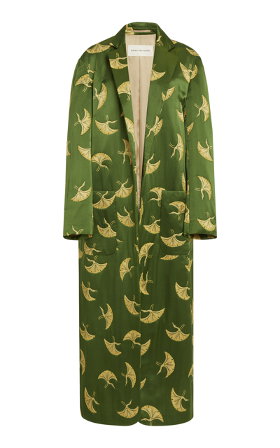 Dries Van Noten Rougies Long Embroidered Silk Coat In Green
