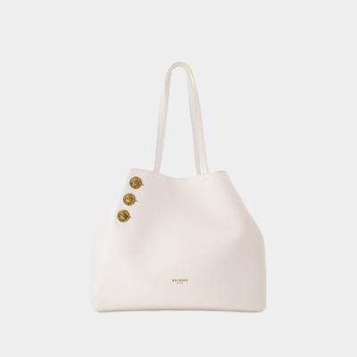 Balmain Women's Embleme Leather Shopper Tote Bag In White