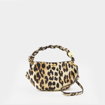 Ganni Leopard Bou Leopard-print Recycled-leather Top-handle Bag In Brown