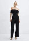Mango Off-shoulder Jumpsuit With Gathered Detail Black In Black