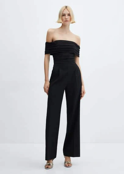 MANGO OFF-THE-SHOULDER JUMPSUIT WITH GATHERED DETAIL BLACK