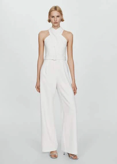 Mango Belted Crossover Collar Jumpsuit Off White