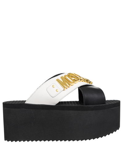 Pre-owned Moschino Wedge Sandals Women Lettering Logo Ma28118i1imf200a Black - White