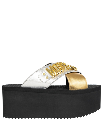 Pre-owned Moschino Wedge Sandals Women Lettering Logo Ma28118i1imc290a Gold - Silver