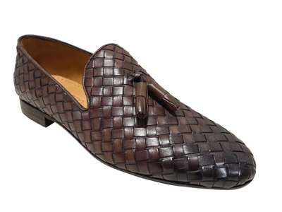 Pre-owned Sigotto Uomo Men's Slip On Brown Woven Leather Loafers With Tassels 4408