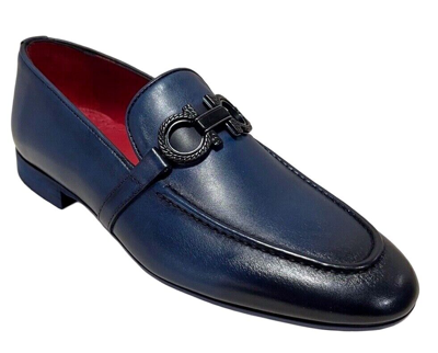 Pre-owned Sigotto Uomo Men's Slip On Navy Blue Leather Dress Shoes 3723