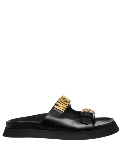 Pre-owned Moschino Sandals Men Mb28044g0iga0000 Black Block Heel Leather Logo Detail