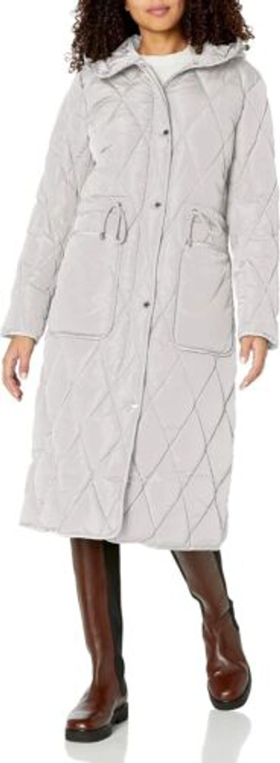 Pre-owned Kenneth Cole Women's Diamond Quilting Exposed Drawcord Long Puffer In Pearl