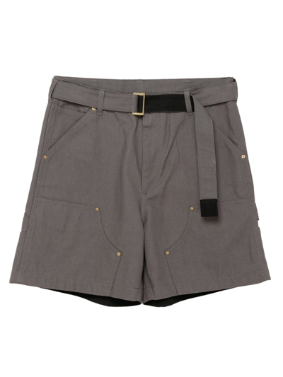 Sacai X Carhartt Wip Logo Patch Belted Waist Shorts In Grey