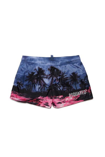 Dsquared2 Kids' Palm Tree-print Swim Shorts In Multi