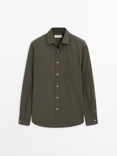 Massimo Dutti Regular Fit Poplin Shirt With Pocket In Dark Khaki