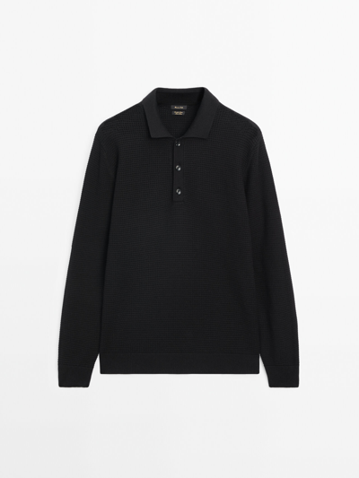 Massimo Dutti Textured Knit Polo Collar Sweater In Black