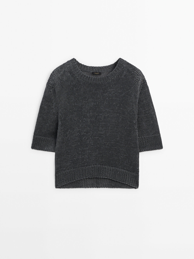 Massimo Dutti Short Sleeve Sweater With Shimmery Detail In Lead