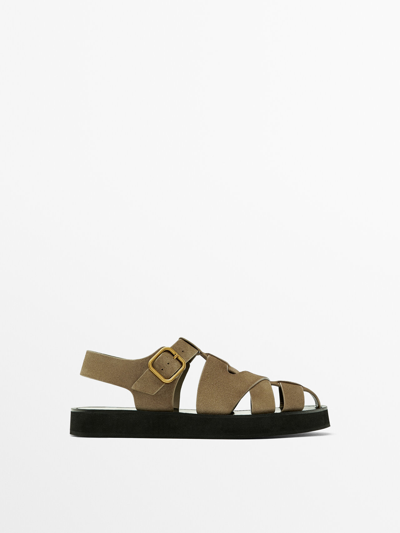 Massimo Dutti Split Suede Cage Sandals With Buckle In Taupe