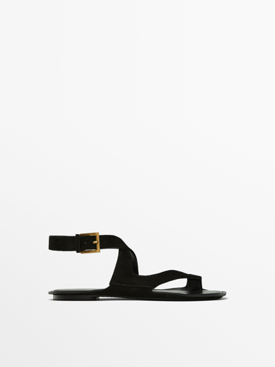 Massimo Dutti Split Suede Flat Sandals In Black