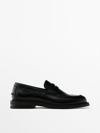 Massimo Dutti Black Leather Penny Loafers In Black