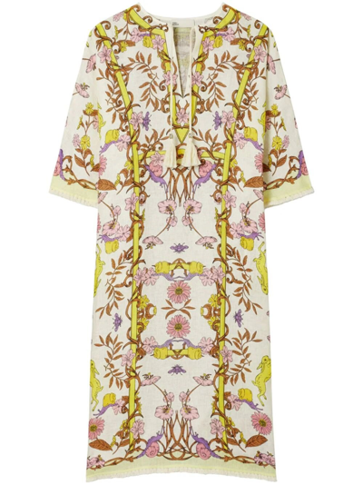 Tory Burch Floral-print Linen Kaftan Dress In White