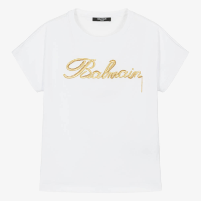 Balmain Teen Girls White Embroidered Cotton T-shirt