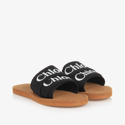 Chloé Kids' Woody Sandals In Black Canvas With Logo