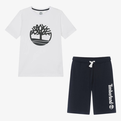 Timberland Teen Boys Navy Blue Cotton Shorts Set In White