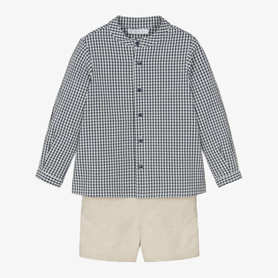 Paloma De La O Kids'  Boys Blue Check Shirt & Beige Shorts Set