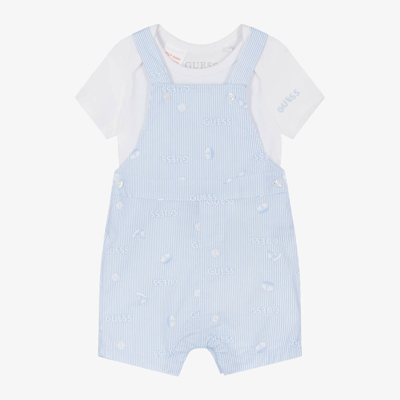 Guess Baby Boys Blue Cotton Dungaree Set In White