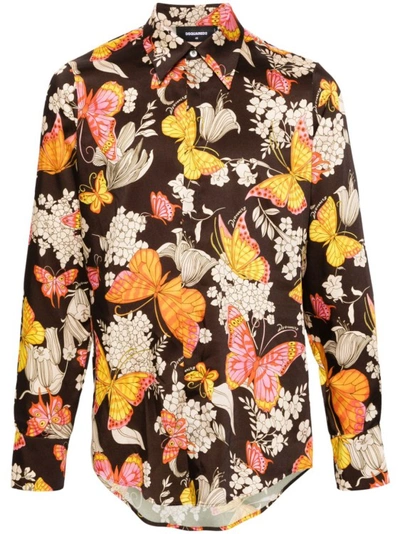 Dsquared2 Butterfly-print Satin Shirt In Multicolor