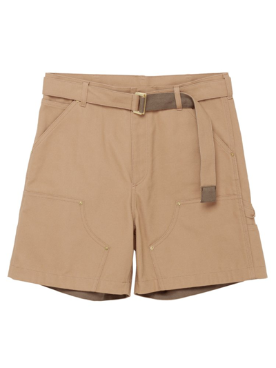 Sacai Carhartt Wip Wide-leg Belted Cotton-canvas Shorts In Beige