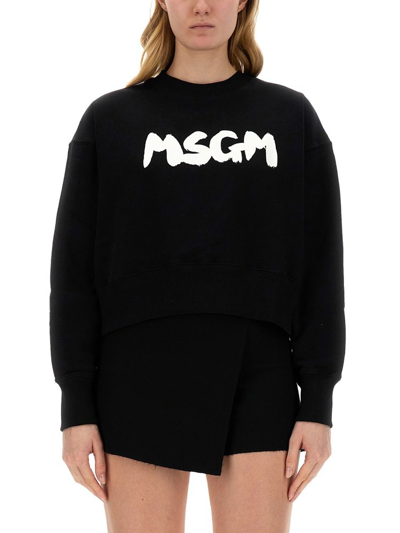 Msgm Logo Printed Crewneck Sweatshirt In Black