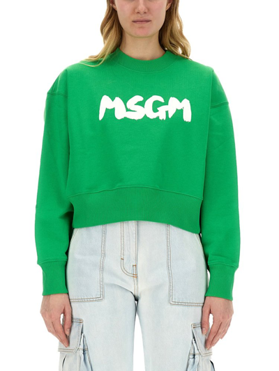 Msgm Logo Printed Crewneck Sweatshirt In Green