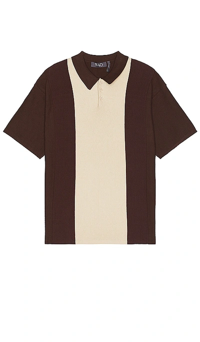 Wao Short Sleeve Stripe Knit Polo In Brown & Natural
