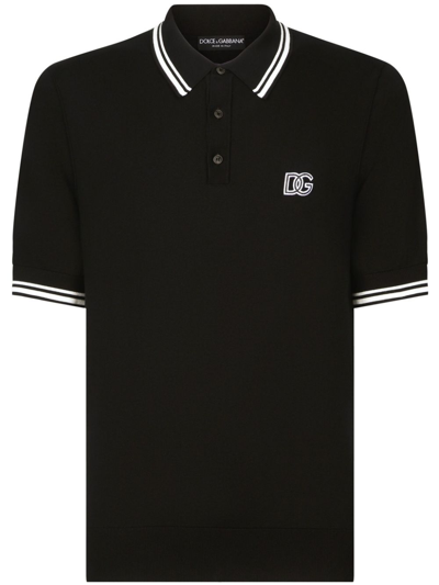 Dolce & Gabbana Brand-embroidered Short-sleeved Cotton-blend Polo Shirt In Black