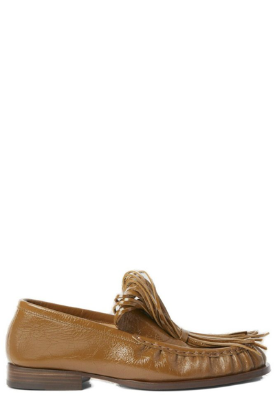 Dries Van Noten Fringe Embellished Leather Loafers In Beige