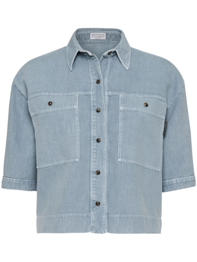 Brunello Cucinelli Camicia In Misto Cotone-lino In Blue