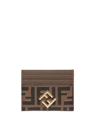 Fendi Card Case Ff Diamonds Porta Carte Piatto In Pelle Ff Marrone E N In Brown