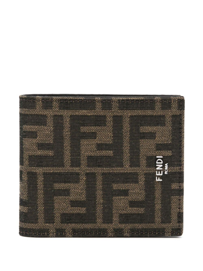 Fendi Men's Bi-fold Wallet In Tan Ff Fabric And Black Leather Interior In Brown
