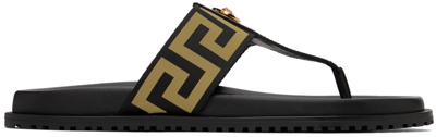 Versace Black & Gold Medusa Greca Sandals In Black+gold-