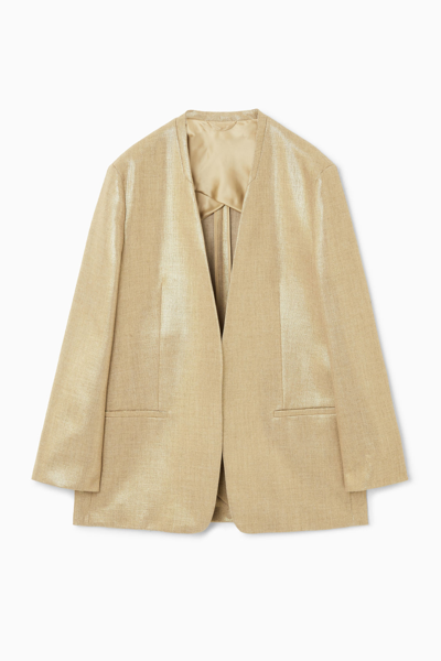 Cos Collarless Metallic Hopsack Blazer In Gold