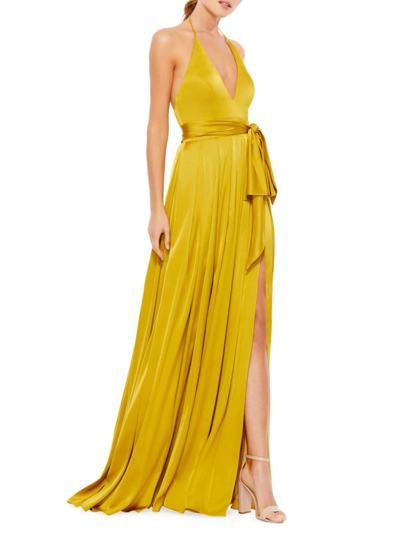 Mac Duggal Charmeuse Halter Strap Soft Tie Waist Gown In Chartreuse