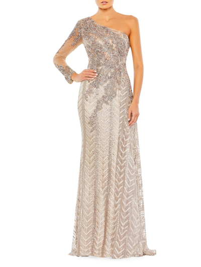 Mac Duggal Embellished One Shoulder A Line Gown In Taupe