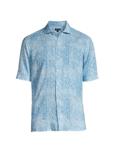 Peter Millar Men's Crown Crafted Lian Linen Short-sleeve Sport Shirt In Cascade Blue