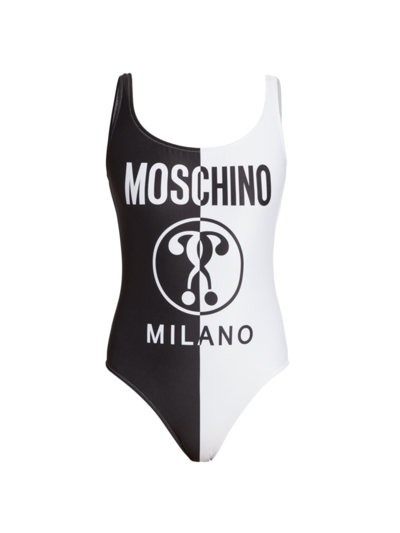 Moschino Logo Print Two-tone Swimsuit In Fantasy Print Black