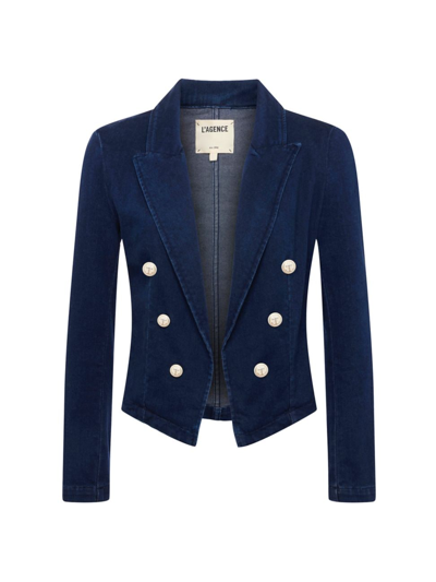 L Agence Wayne Crop Denim Double Breasted Jacket Blazer, Palomino In Multi