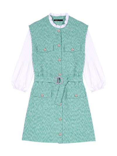 Maje Dual-material Tweed Dress For Spring/summer In Green