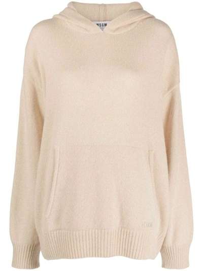 Msgm Beige Brushed-effect Knitted Hoodie In Neutrals