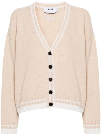 Msgm Embroidered-logo Cardigan In Neutrals